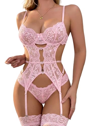 Avidlove Valentines Women's Lingerie Set Sexy Cut Out Garter Teddy Bodysuit Babydoll Lingerie Exotic 2 Pieces Set(Pink,XXL)