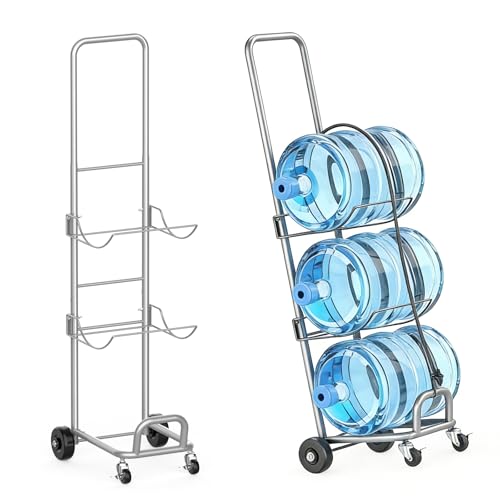 HASAKIESAA 5 Gallon Water Jug Holder Heavy Duty 3 Tier Water Bottle Storage Rack with Lockable Casters and Adjustable Handle, Space Saving Water Jug Stand for Home, Kitchen, Office and Garage, Silver