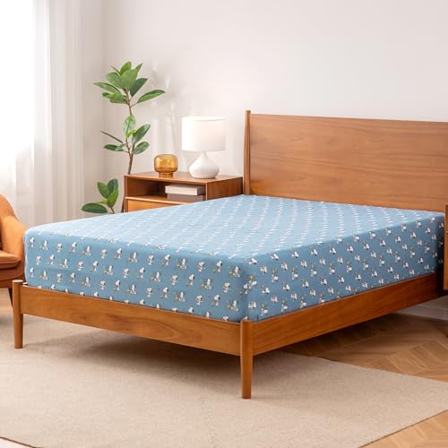Image of Berkshire Blanket Peanuts Fitted Sheet King Size(Only), Cute Character Snoopy Microfiber Sheet with Deep Pocket, Soft and Breathable, Snoopy's Morning Coffee Small Blue