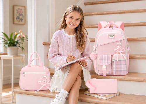 Image of Cute School Backpack for Teen Girls, 3Pcs Kids Bookbag with Lunch Box Pencil Pouch for Elementary Middle High School College, Water Resistant Laptop Backpacks Back to School Gift, Pink Tartan