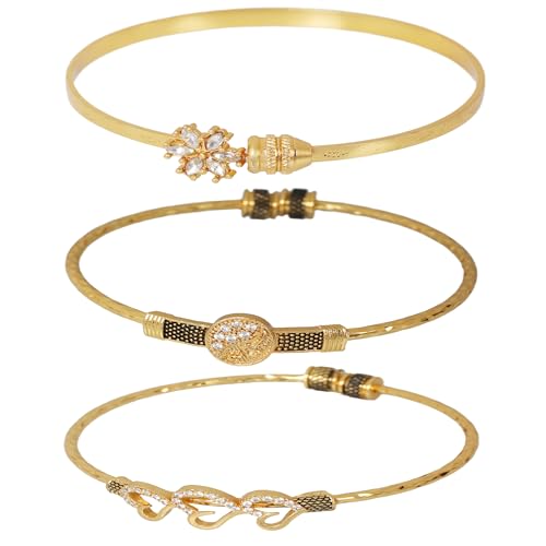 Image of Touchstone Indian Bollywood Handcrafted Engraved Etched Floral Round Rhinestones Cubic Zirconia CZ Designer Jewelry Openable Elegant Gold Plated Bracelets Combos for Women