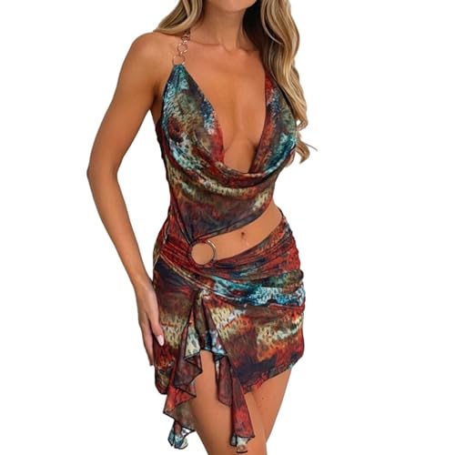 MAHUAOYIXI Abito Corto Donna Senza Maniche Sexy Senza Schienale Estivo Scollo a V Bodycon Elegante Cerimonia Festa Cocktail Mini da Sera Casual Discoteca