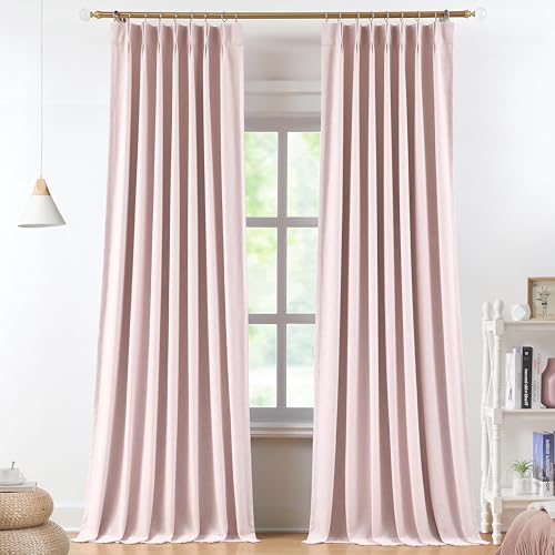 Image of Vision Home Soft Pink Pinch Pleated Full Blackout Curtains Linen Blended Room Darkening Curtain Panels 90 inch for Living Room Bedroom Thermal Insulated Pinch Pleat Drapes with Hooks 40 inch Wx90 Lx2
