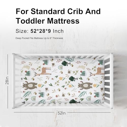 Image of Spring Animals Fitted Baby Crib Sheet for Boys Girls 52 inchx28 inch Bear Deer Bunny Birds Trees Flower Leaves Soft Stretchy Nursery Bed Sheets Fits Standard Crib and Toddler Bed Mattresses