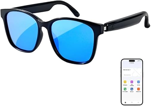 AI Smart Bluetooth Glasses, Bluetooth 5.4, Open-Ear Translation Sunglasses with 144 Languages & Accents, Polarized UV400 Lenses for Daily Travel Business Outdoor Sports Black Frame Blue Lens