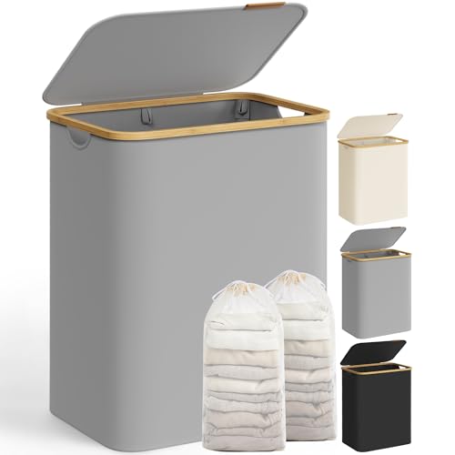 SONGMICS Wäschekorb mit Deckel, Wäschesammler mit 2 Fächern, 130 L, herausnehmbarer Wäschesack, Oxford-Gewebe, Griffe aus Bambus, zusammenklappbar, 52 x 38,5 x 70,5 cm, taubengrau LCB513G01