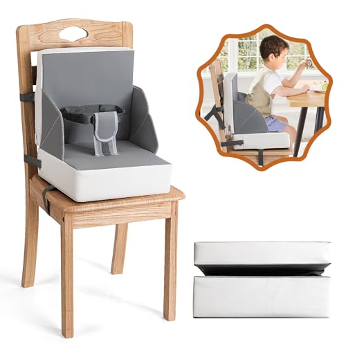 Image of Portable PU Booster Seat for Kitchen Chair, Toddler Booster Seat for Dining Table with Adjustable Straps, Compact Fold for Travel, Safety Buckles, Gray