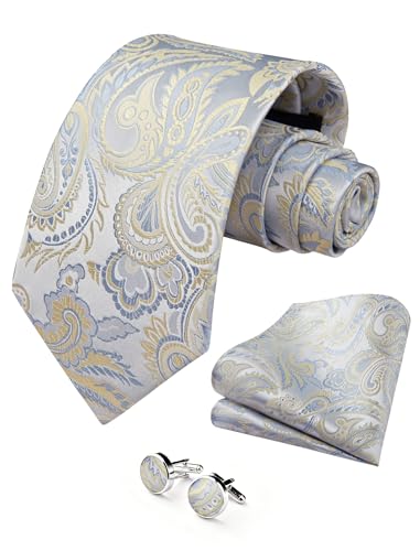 Image of HISDERN Ties for Men Paisley Tie and Pocket Square Cufflinks Set Formal Classic Floral Necktie Handkerchief Wedding Party