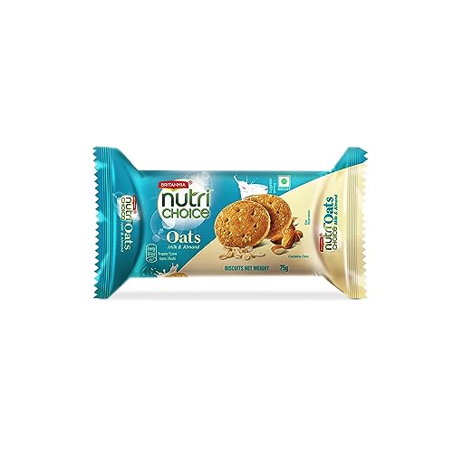 Britannia NutriChoice Oats Almond Milk 2.64oz (75g) - Crispy, Crunchy Tea Moments - Breakfast & Tea Time Snacks (Pack of 6)