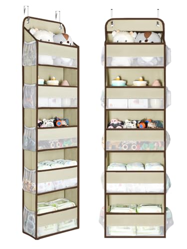 Image of Yecaye 2 Pc Over the Door Organizer with 5 Bins 10 Side Pockets, 44lbs Load Hanging Bathroom and Bedroom Organizer, behind the Door Hanging Organizers for Nursery Newborn Baby Essential Stuff Beige