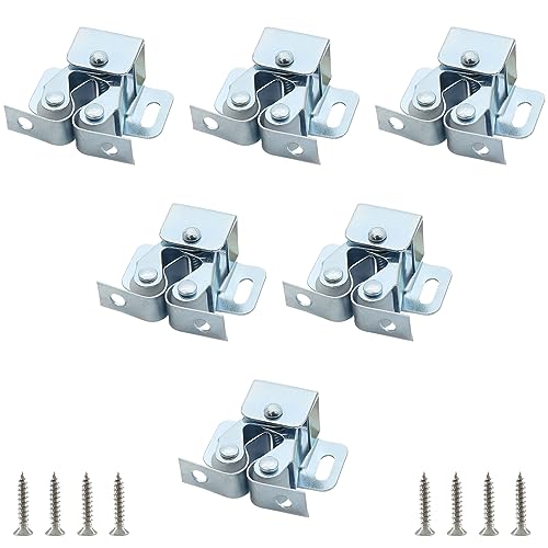 Cjueiom 6 Pack Double Roller Catch Cabinet Latches, Silver Zinc Plated Cabinet Wardrobe Latch with Spear Strike, Cold Rolled Steel Cupboard Door Catch Latch for Home Furniture Closet Door