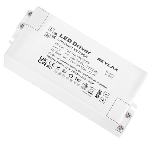 REYLAX Transformateur LED 12V 60W, Transformateur 220V 12V 5A, AC à DC Alimentation Basse Tension, LED Driver de Tension Constante, Transfo pour Bandes Led...