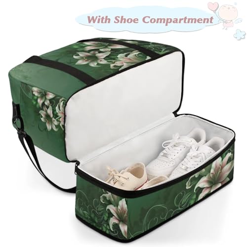 Large Weekender Overnight Bags Green Floral Flower Travel Duffel Bag for Women Men Gym Bag With Shoe Compartment Foldie Travel Tote Bag Carry On Personal Item Bag for Travel Gym Sports4