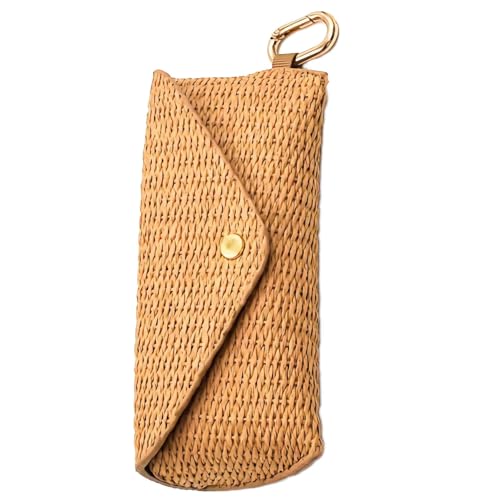 Image of Woven Straw Sunglasses Case, Boho Rattan Soft Bag Eyeglass Travel Glasses Case Hard Shell With Clip Hook, Protective Key Chain Organizer Storage Holder Pouch For Women Men Fashion Accessories Vacation