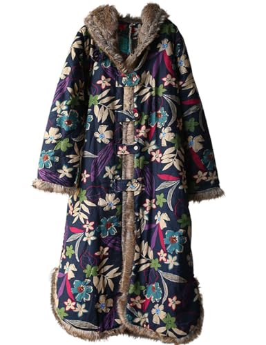 LZJN Women's Warm Overcoat Floral Print Long Jacket Cotton Linen Vintage PatchworkThin Cotton Hooded Winter Quilted2