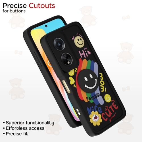 Image of Pikkme Back Cover for Oppo F23 5G | Soft Silicone| Cute Rainbow Smile & 3D Cartoon Flower Design | Shockproof Raised Camera Protection Bumper Case (Black)
