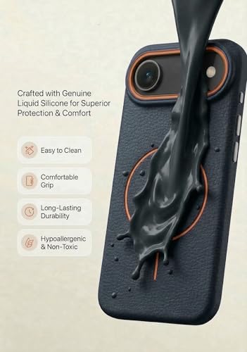 Image of amazon basics Luxury MagSafe Compatible Leather Texture Back Cover for iPhone 17 Air | Raised Camera Protection | Slim Fit Shockproof Case with Metallic Accents (Dark Blue)