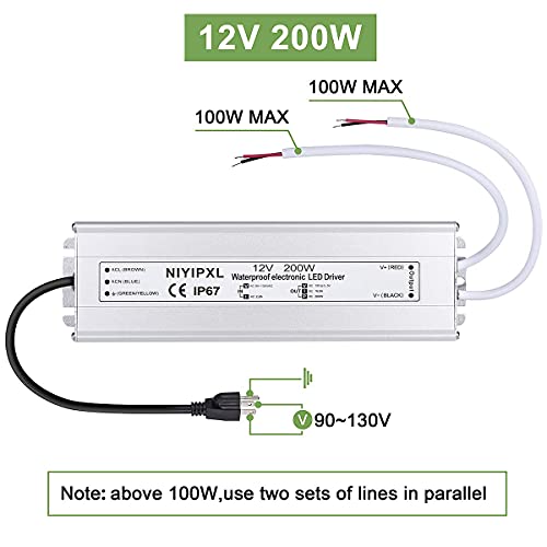 LED Driver 200 Watts Waterproof IP67 Power Supply Transformer Adapter 90V-130V AC to 12V DC Low Voltage Output with 3-Prong Plug 3.3 Feet Cable for LED Light, Computer Project, Outdoor Light