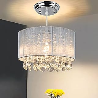 Modern Raindrops Crystal Chandelier Lighting,Chrome Finish Chandeliers Ceiling Lights with Gauze Drum Shade, LED Ceiling Light Fixture Pendant Light for Living Room(E27 Bulb Required)