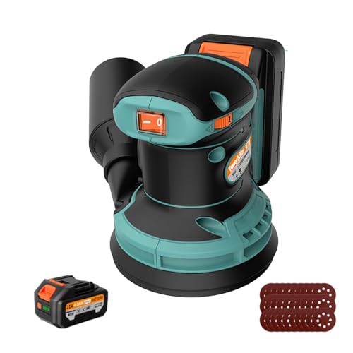 Lijadora Orbital Sin Cable 21V, con 6 Velocidades Variables 7000-11000 RPM Lijadora a Batería for Madera, 30 Piezas de Papel de Lija y Bolsa Recogedora de Polvo, Con 2 Baterías