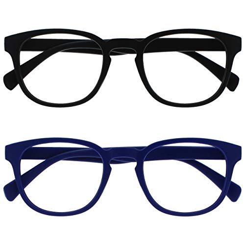 OPULIZE Pop Gafas de Lectura Pack de 2 Redondas Negro y Azul Mate Satinado Bisagras con Muelle Resistentes a los Arañazos Hombre Mujer RR2-13 +2.00