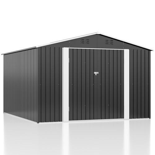Image of AirWire 10x10 FT Storage Shed, Garden Shed with Updated Frame Structure and Lockable Doors, Metal Tool Sheds for Backyard Garden Patio Lawn, Grey