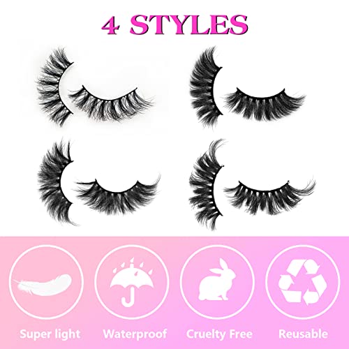 Mink Lashes Bulk False Eyelashes Natural Look, Wispy Fluffy 20 MM Strip Lashes Mink Cat Eye Lashes 18MM 3D Dramatic Mink Eye Lashes Pack - 4 Styles