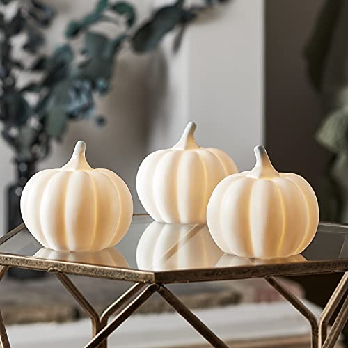 Lights4fun 3er Set LED Keramik Kürbis Weiß 8,8cm Batteriebetrieb Halloween Deko Kürbis Herbstdeko Kürbis Deko Weiß Herbstdeko Innen Herbstdeko Modern
