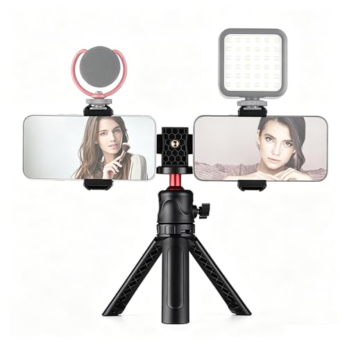 Andoer Multifunctional Smartphone Video Kit Including Universal Phone Tripod Mount with Dual Phone Holders 4 Cold Shoe Mounts + Desktop Tripod for Vlog Live Streaming Oline Video Teaching Meeting