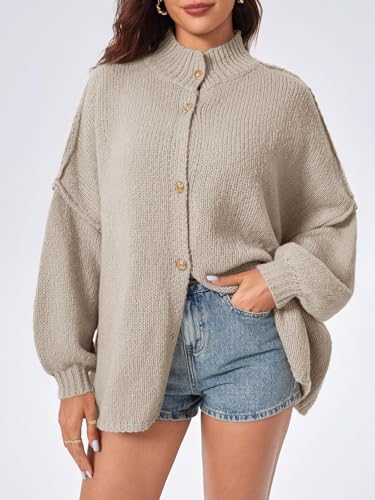 LLECDASEUI Women's Oversized Cardigans Long Lantern Sleeves Button Down Chunky Knit Loose Autumn Pullover Coats, beige, L - Image 2