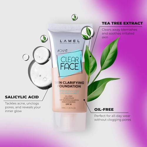 Image of Lamel- Oh my Clear Face Foundation 404- Custard | Contains tea tree extract and salicylic acid |Controls sebum production |Anti-blemish formula |SPF 15 |Oil-free foundation | 40ml