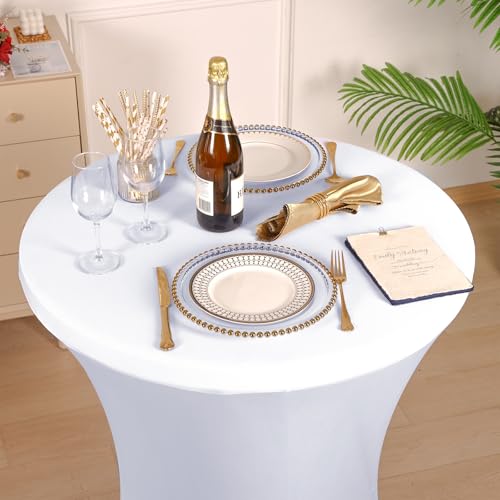 Image of Fixwal 4 Pack White Cocktail Tablecloth, 32x43 Inch Spandex Cocktail Table Covers, Round High TOP Table Cover for Party, Bar, Pub, Wedding, Banquet