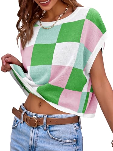 Image of Saodimallsu Womens Cap Sleeve Crop Tops Summer Color Block Going Out Crew Neck Knit Trendy Casual Sweater