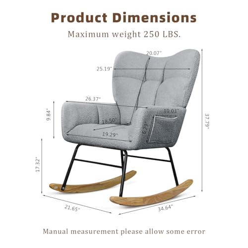 SoarFlash Nursery Rocking Chair Teddy Fabric Glider Chair Upholstered Rocker Accent Armchair with High Backrest and Solid Wood Legs for Nursery Bedroom Living Room Office(Grey)