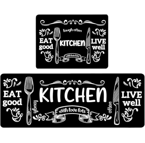 Kitchen Floor Mat Set, Black Decorative Design, 47.2x15.7 and 23.6x15.7 inches, Non-Slip, 2 Piece