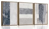 KISSFOX 3 Piece Framed Wall Art Abstract Wall Decor Navy Blue Texture Pictures Modern Minimalist Canvas Art Large Luxury Paintings Artwork for Living Room Bedroom Office