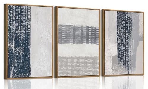 KISSFOX 3 Piece Framed Wall Art Abstract Wall Decor Navy Blue Texture Pictures Modern Minimalist Canvas Art Large Luxury Paintings Artwork for Living Room Bedroom Office
