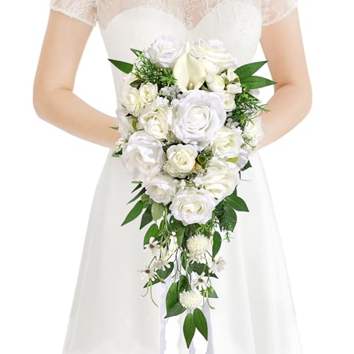 Faylifeway Wedding Bouquets for Bride, White Cascading Bridal Bouquet Artificial