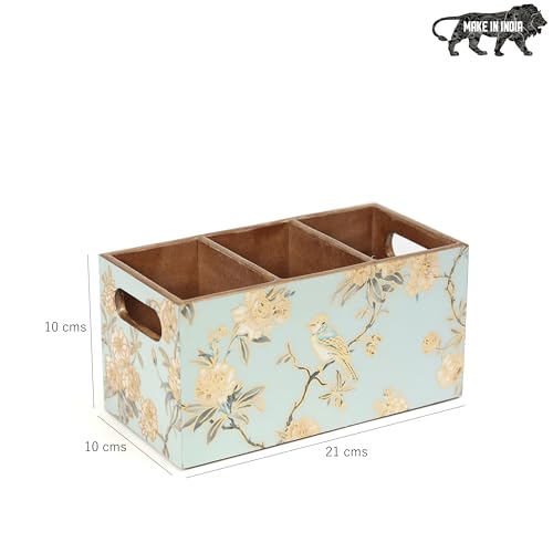 Image of DULI Multipurpose Stand, Cutlery Holder, Spoon Stand, Table Organizer with 2 Sections, Chammach Stand (10cm x 15cm) (3 Section: AquaGoldBirds)