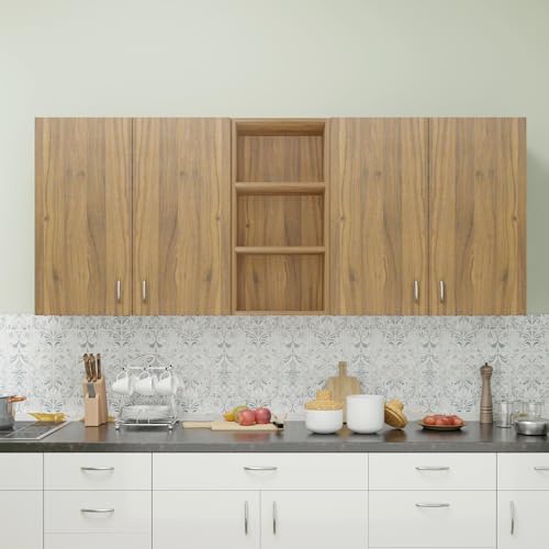 Image of VIKI Furniture |Pivot Modular Kitchen Wall Cabinet - 4 Door Cabinet with Open Shelf | Space Saving Rack for Spices | DIY Home Storage Cupboard (Brussel Walnut - 30D x 200W x 80H cm) | 1 Year Warranty