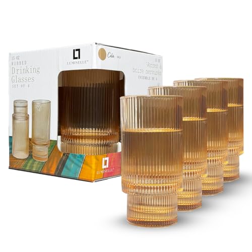 LUMINELLE Ribbed Drinking Glasses -15 oz Glass Tumblers for Water, Iced Coffee, and Cocktails | Modern Textured Glassware for Kitchen & Dining | Dishwasher Safe, Set Of 4
