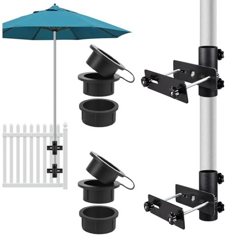 SLIIMU Umbrella Stand for Deck Railing, Patio Umbrella Holder Clamp Outdoor, Adjustable Deck Parasol Mount Bracket, Metal Balcony Parasol Base Clip on Fences, Courtyard, Balcony, Porch (Black)