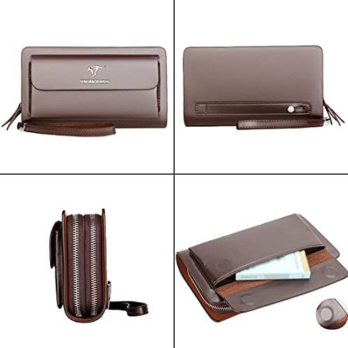 Fashion Men's Business Long Wallet PU Leather Double Zipper Wallet Large Capacity Wallet (Dark brown)2