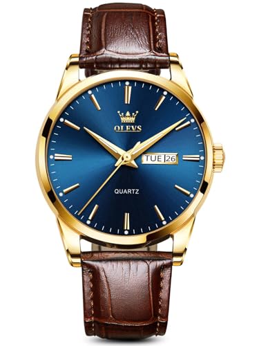 Image of OLEVS Brown Mens Leather Watch Dress Casual Day Date Quartz Wrist Watch