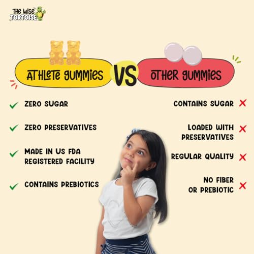 Athlete Kids Calcium + Vitamin D + Prebiotics Gummies | 0 Sugar | Bone Strength, Growth & Teeth Health | 5-15 Years | Mighty Mango Flavor | 30 Gummies | The Wise Tortoise TWT