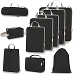 Cubes d'emballage de compression pour le voyage, Ensemble de 10 Organisateurs de bagages extensibles avec sac de chaussures, léger étanche à l'eau Valises essentielles pour le transport & Bagages enregistrés, Charbon