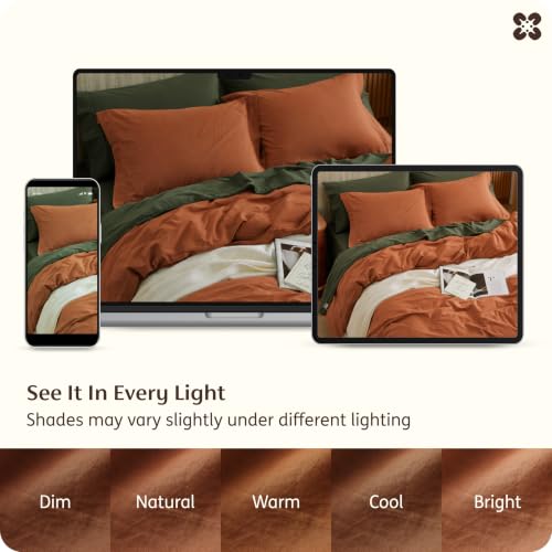 Image of Bedsure PureWoven 100% Washed Cotton Duvet Cover Set, King Size, 3-PC | Linen Like Texture, Percale Breathable Bedding Set for All Seasons, Zipper Closure, 8 Corner Ties, Burnt Orange, 104 inch x 90 inch