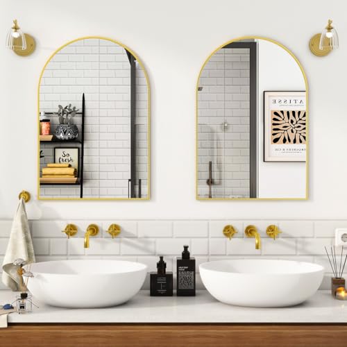 Image of VooBang Arched Wall Mirror, 16 x 24 inch Arch Bathroom Mirror, Wall Mounted Vanity Mirror with Arch Metal Frame, Modern Bathroom Vanity Mirror for Bedroom, Living Room, Hanging or Leaning, Gold