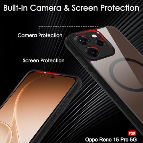 Image of TheGiftKart Hybrid Shockproof Back Cover Case for Oppo Reno 15 Pro 5G Compatible with MagSafe | Hard Back Cover Case for Oppo Reno15 Pro 5G (PC & TPU, Transparent Clear Back, Black Sides)