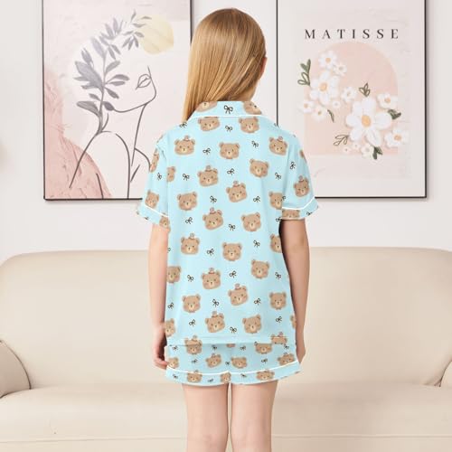 Cute Brown Bears Blue Print Summer Satin Pajama Set, Cute Button-Down Sleepwear Pj Set for Sleep Wears4